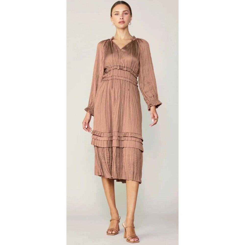 NWT Current Air Leia Midi Dress •M• Satin Dusty Clay Pleated Long Sleeve $268